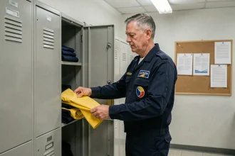 Agent de La Poste rangeant sa tenue de travail dans un vestiaire lors d'un changement d'affectation