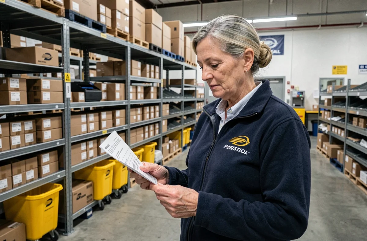Agente postale vérifiant sa commande d'habillement La Poste dans un centre de distribution