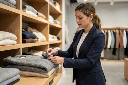 Spécialiste en sécurité retail attachant un antivol électronique moderne sur un vêtement dans une boutique de mode contemporaine