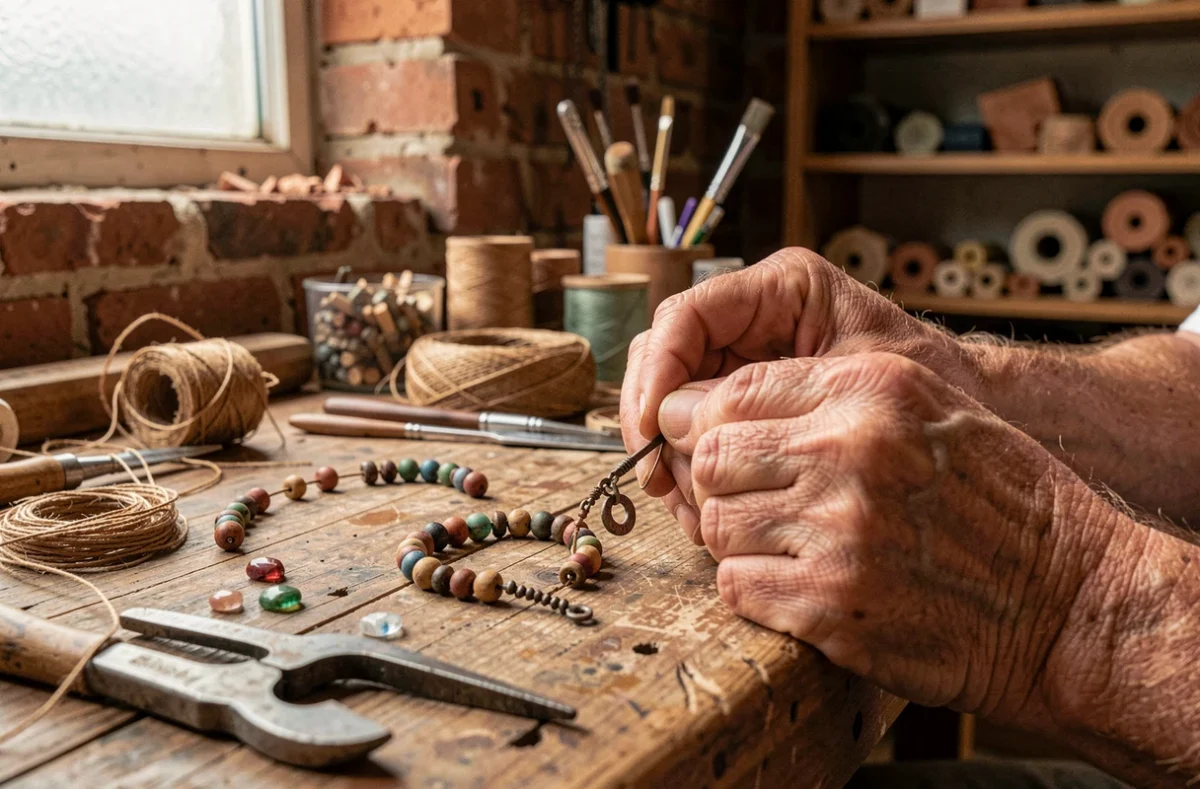 Mains d'artisan assemblant un bracelet enfant éthique avec des matériaux recyclés et certifiés équitables dans un atelier