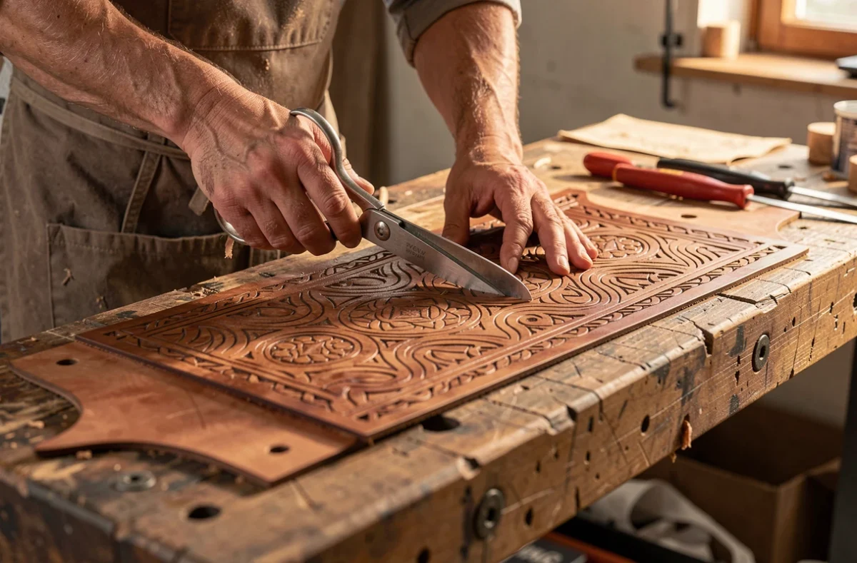 Artisan découpant un panneau de cuir sur un établi