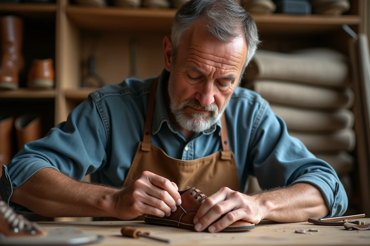Artisan cordonnier cousant à la main une basket dans un atelier de fabrication française de chaussures