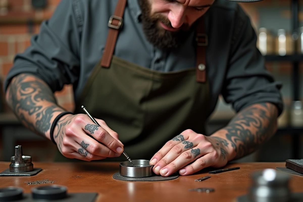 Artisan bijoutier gravant un bracelet en acier inoxydable sur un établi dans un atelier de joaillerie avec murs en briques