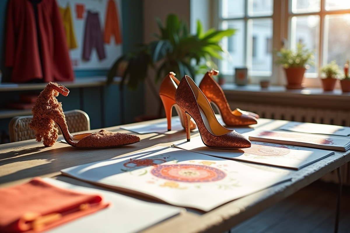 Espace de création mode avec croquis et accessoires colorés