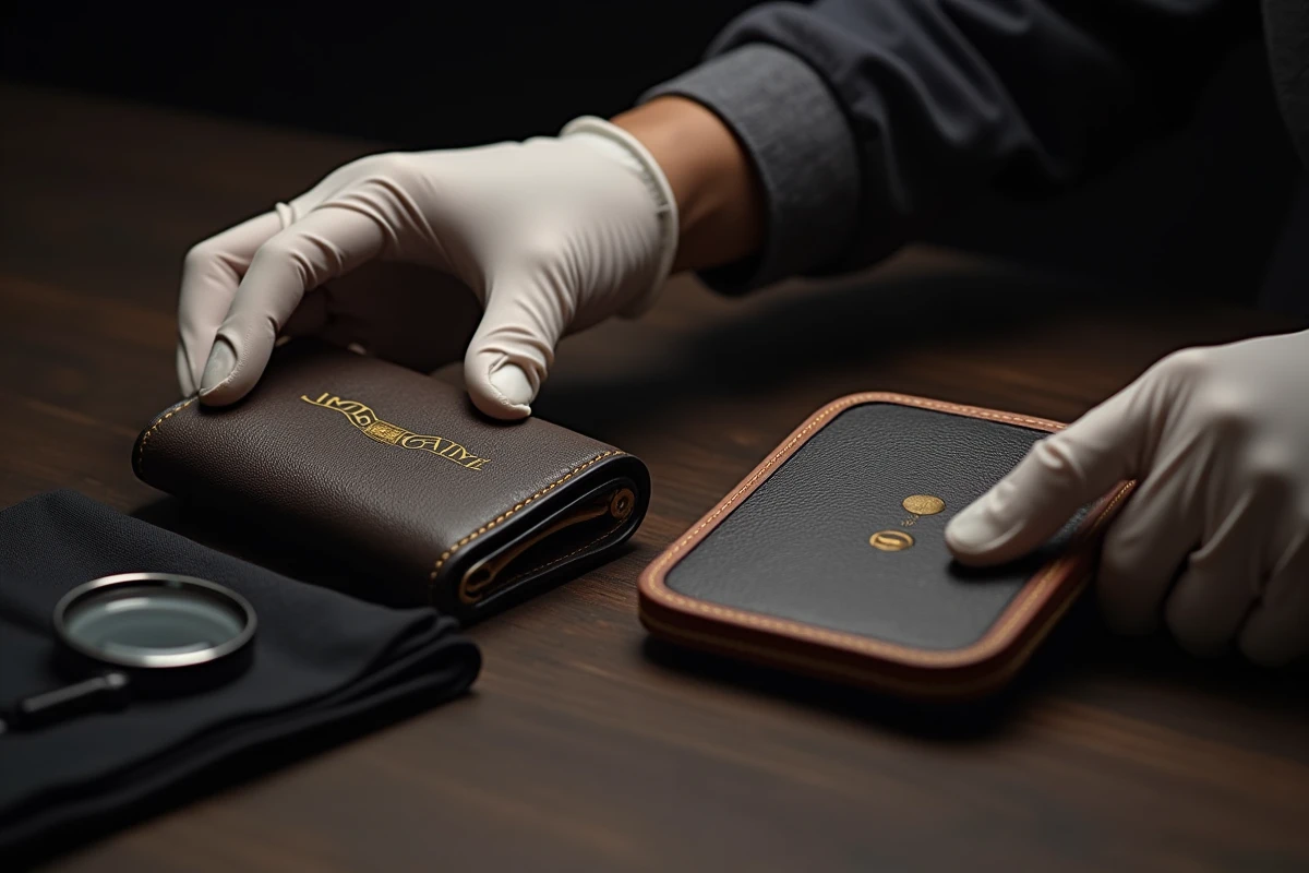 Authenticateur examinant deux portefeuilles de luxe à la loupe, comparaison entre vrai et faux modèle Vuitton sur table en chêne
