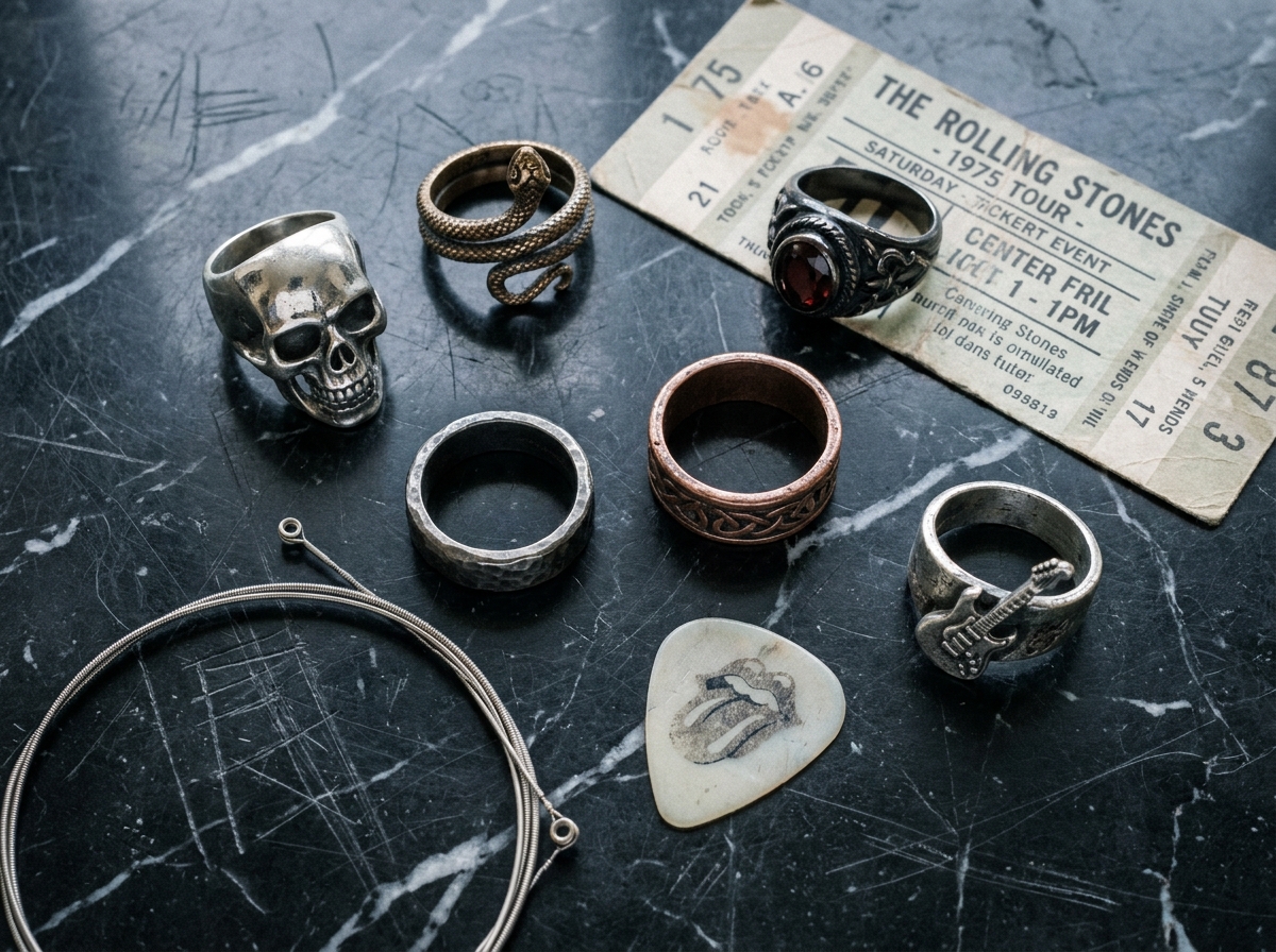 Bagues rock inspirées des légendes de la musique disposées en flat lay sur marbre noir avec accessoires musicaux vintage
