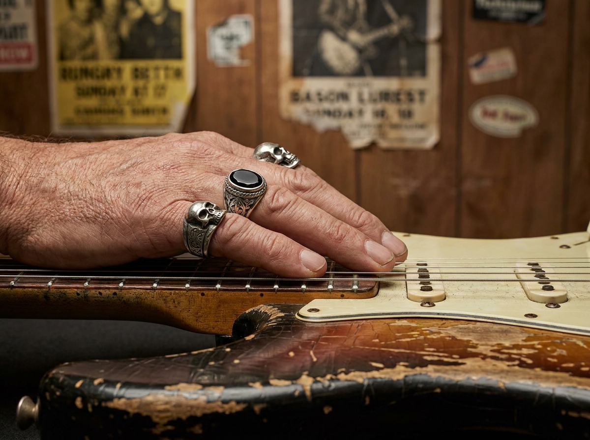 Main de guitariste portant des bagues rock en argent avec motifs tête de mort sur le manche d'une guitare électrique usée