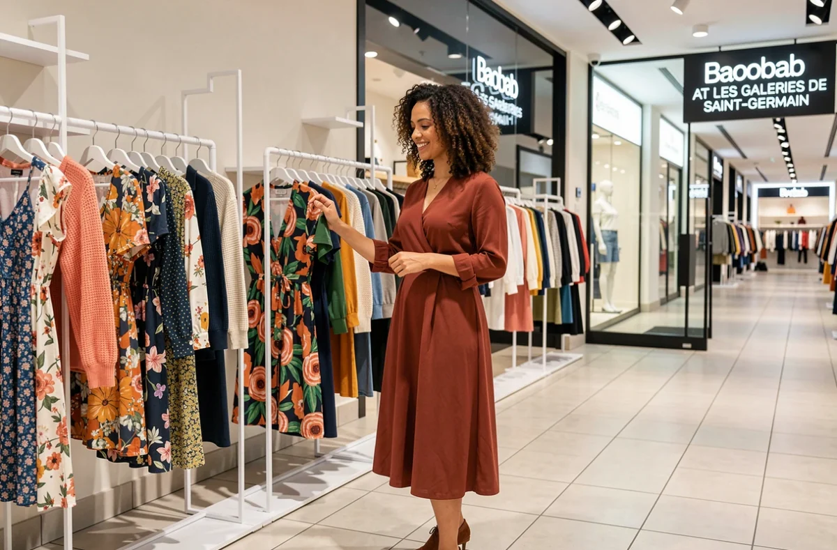 Boutique Baobab aux Galeries de Saint-Germain avec une cliente parcourant des vêtements colorés