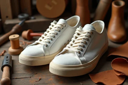 Paire de baskets blanches artisanales made in France posées sur un établi en bois dans un atelier de cordonnerie traditionnel