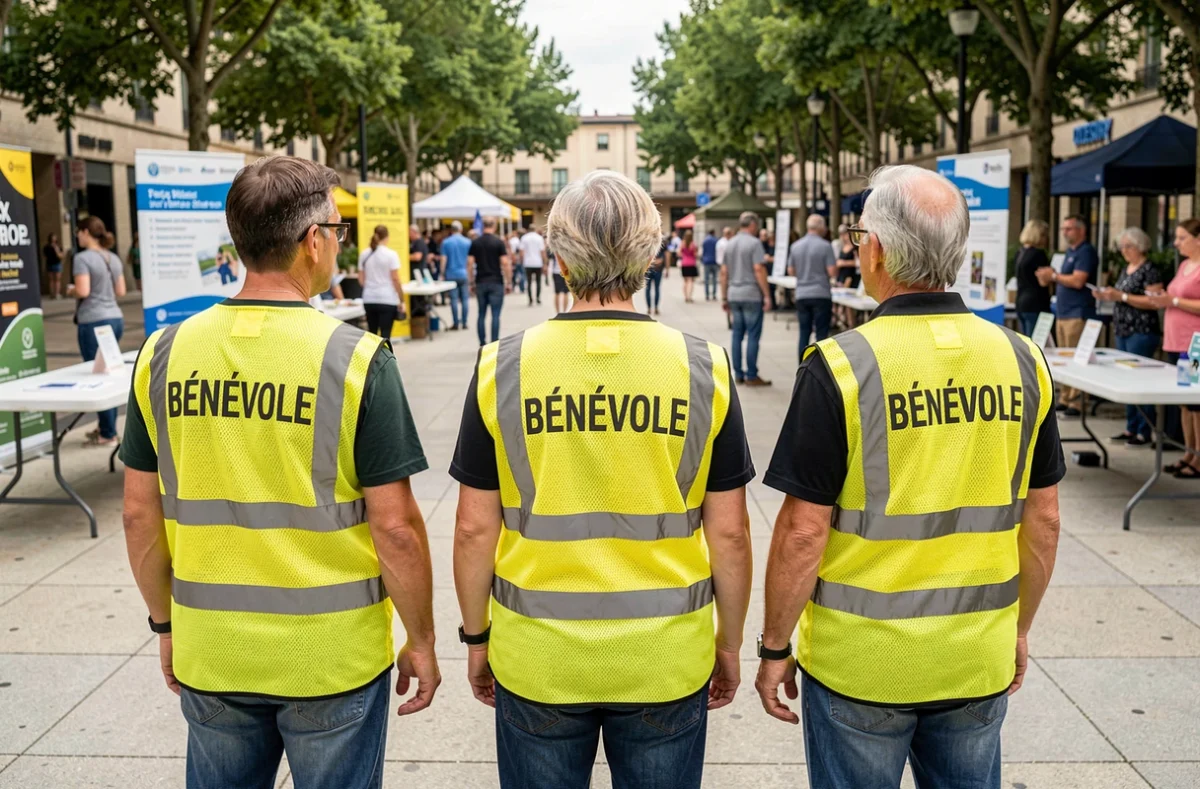 Groupe de bénévoles portant des gilets jaunes personnalisés avec l'inscription BÉNÉVOLE lors d'un événement en plein air