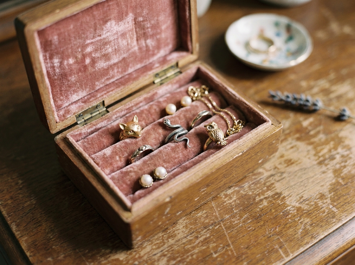 Boîte à bijoux vintage en velours rose avec des bagues en forme d'animaux — renard, serpent et hibou — posées sur un tissu doux