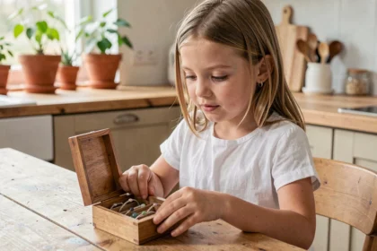 Jeune fille découvrant des bijoux enfant éthiques en argent recyclé et pierres naturelles dans une boîte en bois artisanale