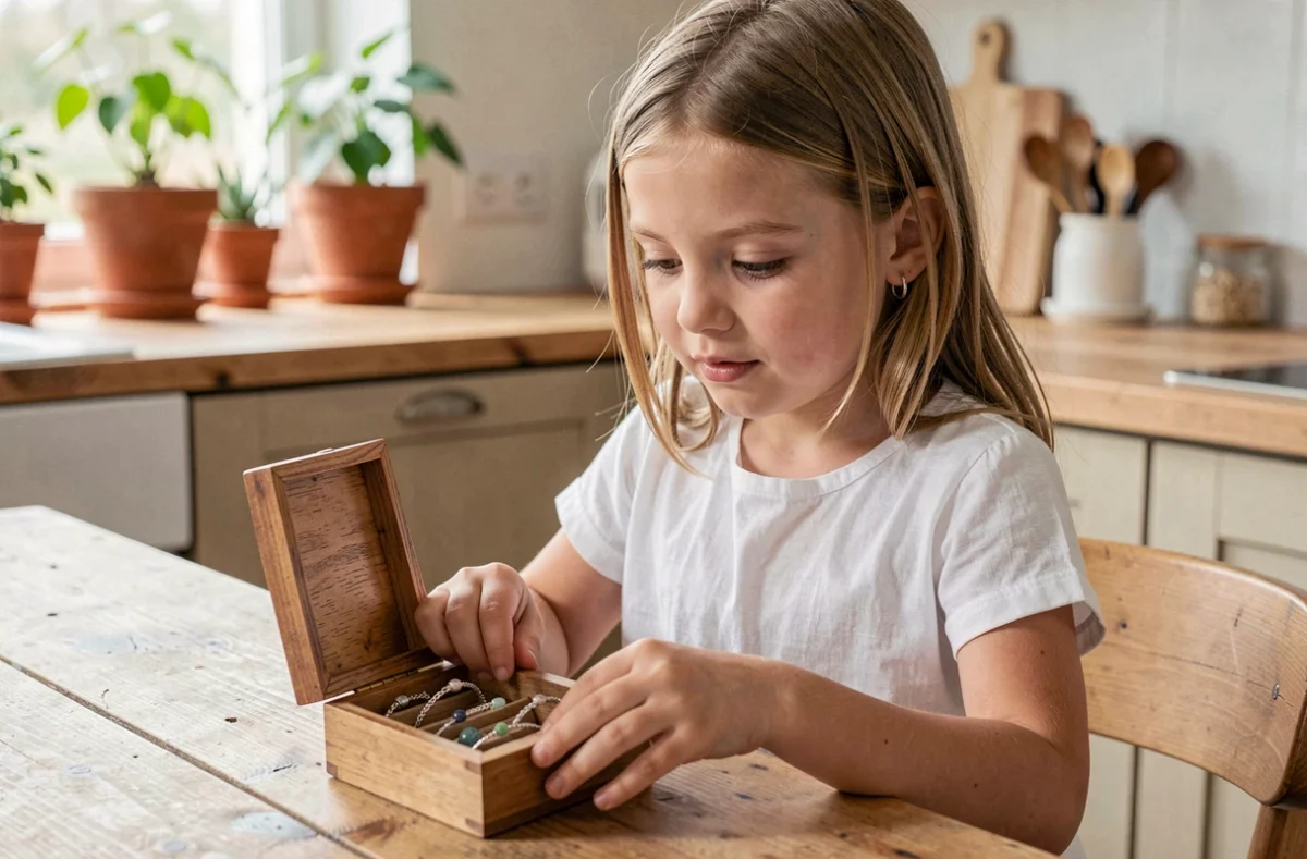 Jeune fille découvrant des bijoux enfant éthiques en argent recyclé et pierres naturelles dans une boîte en bois artisanale