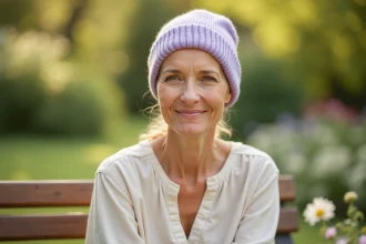 Femme portant un bonnet chimio en bambou lavande dans un jardin d'été, expression sereine et tenue légère en lin
