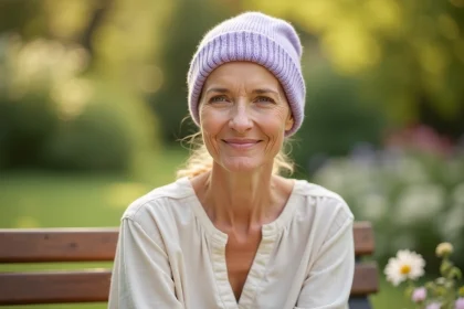 Femme portant un bonnet chimio en bambou lavande dans un jardin d'été, expression sereine et tenue légère en lin