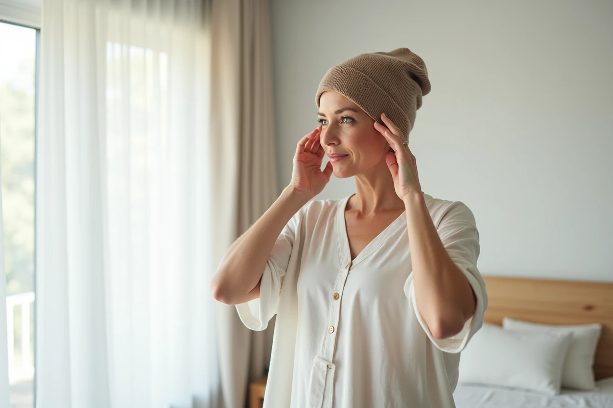 Femme d'une cinquantaine d'années portant un bonnet chimio en modal taupe près d'une fenêtre dans une chambre minimaliste en été
