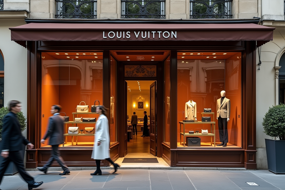 Vitrine Louis Vuitton à Paris avec clients élégants