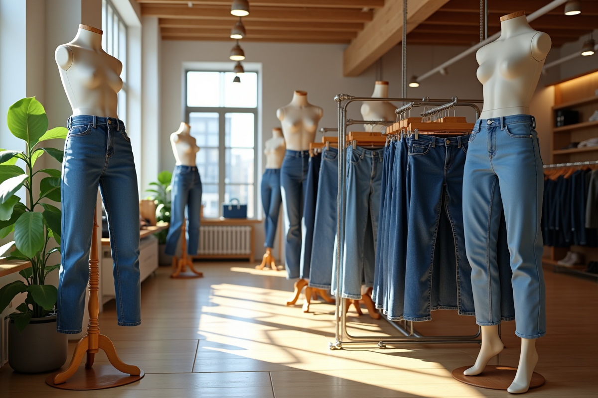 Intérieur d une boutique de vêtements avec jeans en exposition