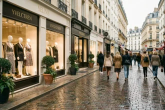 Rue commerçante élégante dans les Yvelines avec des vitrines de boutiques de prêt-à-porter féminin