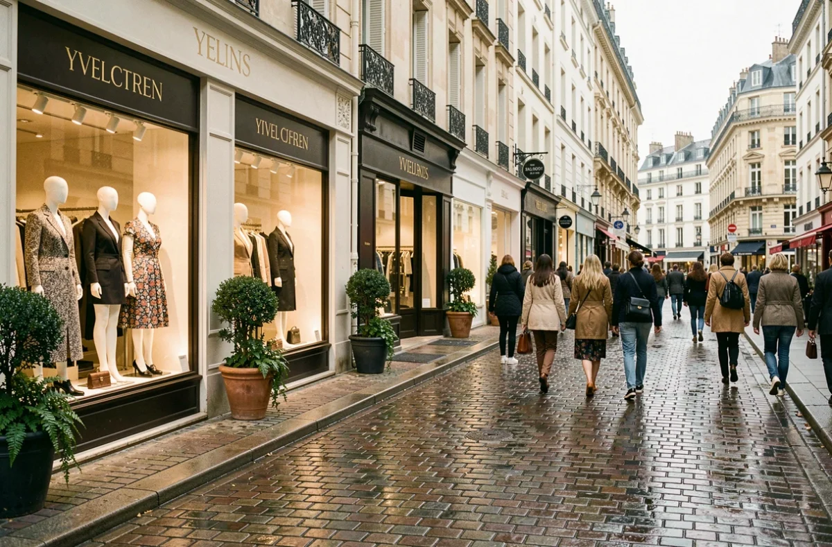 Rue commerçante élégante dans les Yvelines avec des vitrines de boutiques de prêt-à-porter féminin