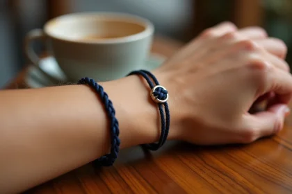Gros plan sur un bracelet cordon en coton ciré bleu marine avec nœud coulissant argent brossé porté au poignet