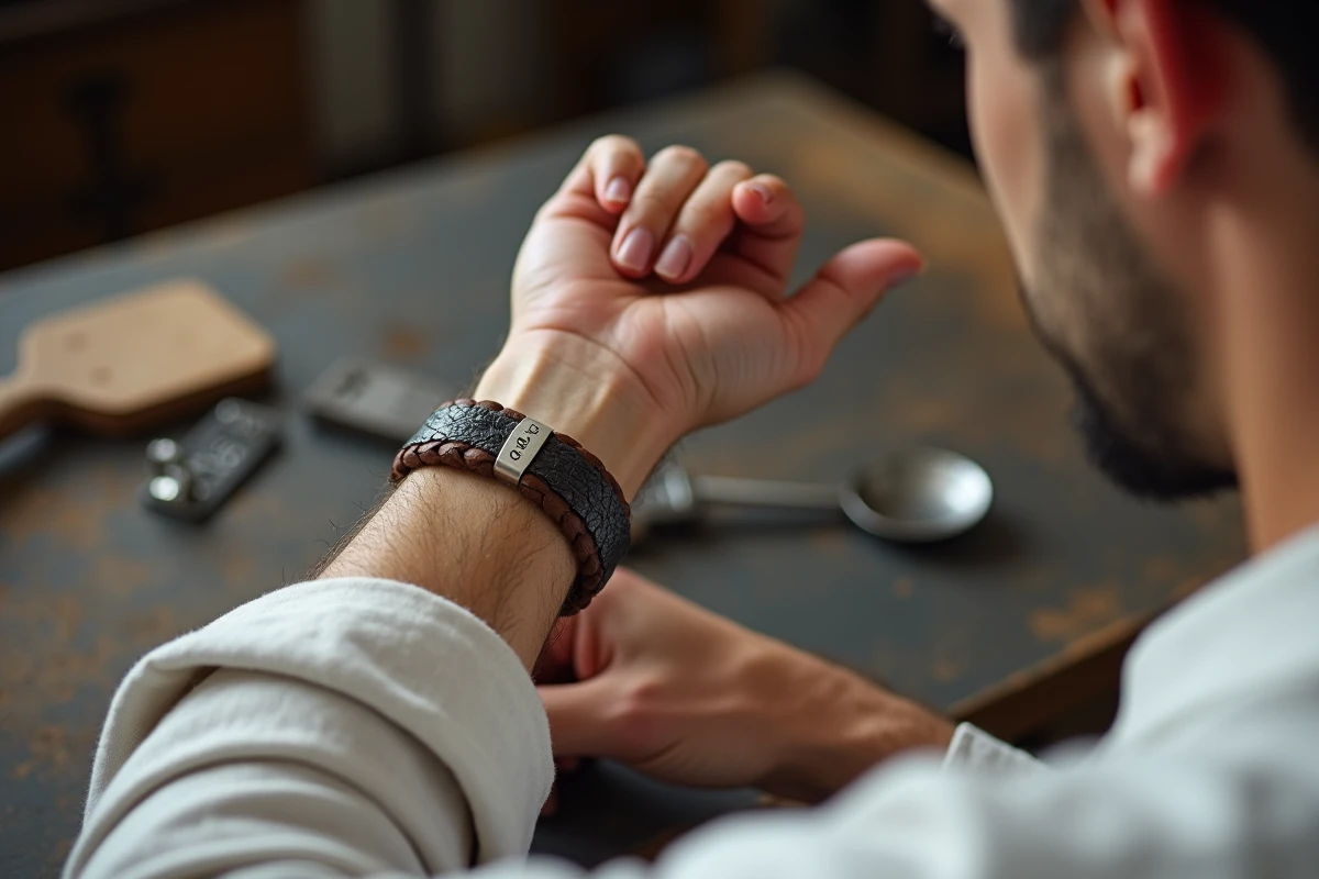 Homme en chemise blanche examinant un bracelet en cuir tressé avec fermoir en argent gravé sur un établi en bois brut