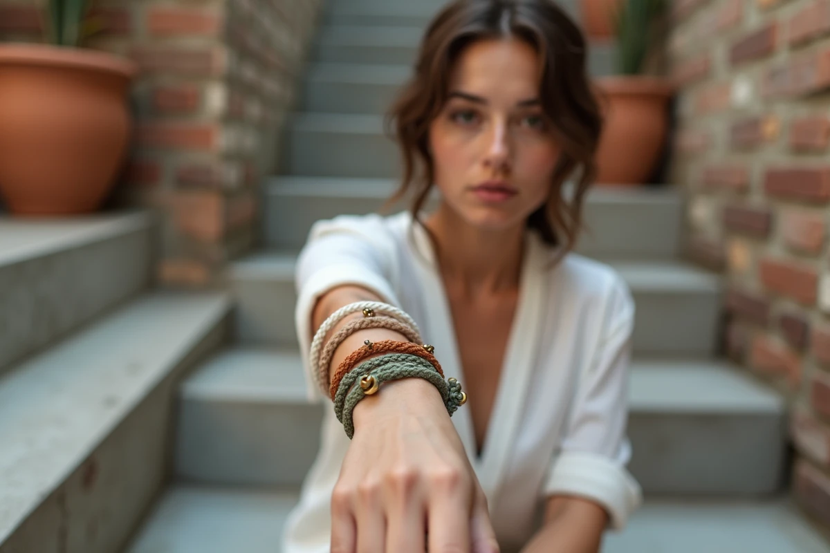 Femme portant trois bracelets cordon empilés en terracotta, vert sauge et blanc cassé avec perles en laiton