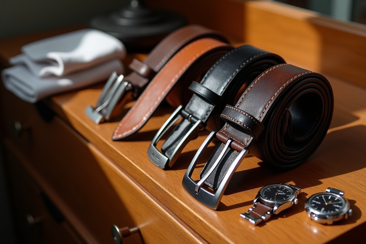 Bretelles en cuir montre et boutons de manchette sur une commode en bois
