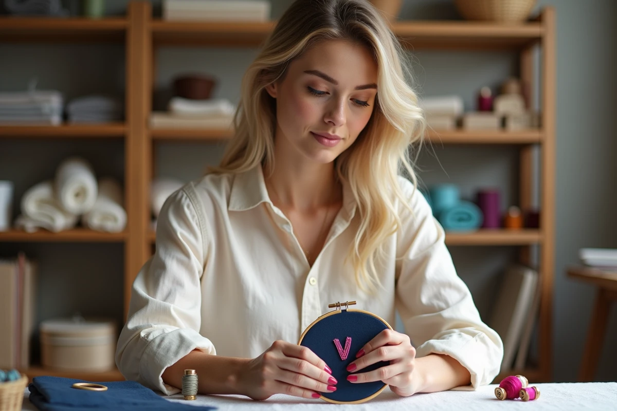 Jeune femme brodant des initiales colorées sur un portefeuille en tissu bleu marine dans un atelier de couture artisanal