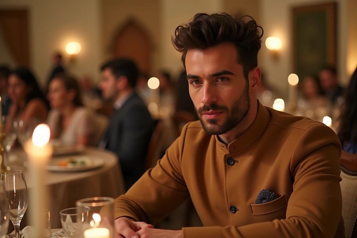 Homme assis en burnous camel élégant lors d'un banquet de mariage, détails du tissu et des accessoires bien choisis