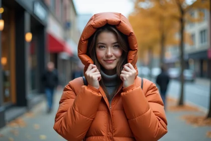 Femme portant une capuche doudoune détachable en ville en automne, ajustant les cordons avec les mains