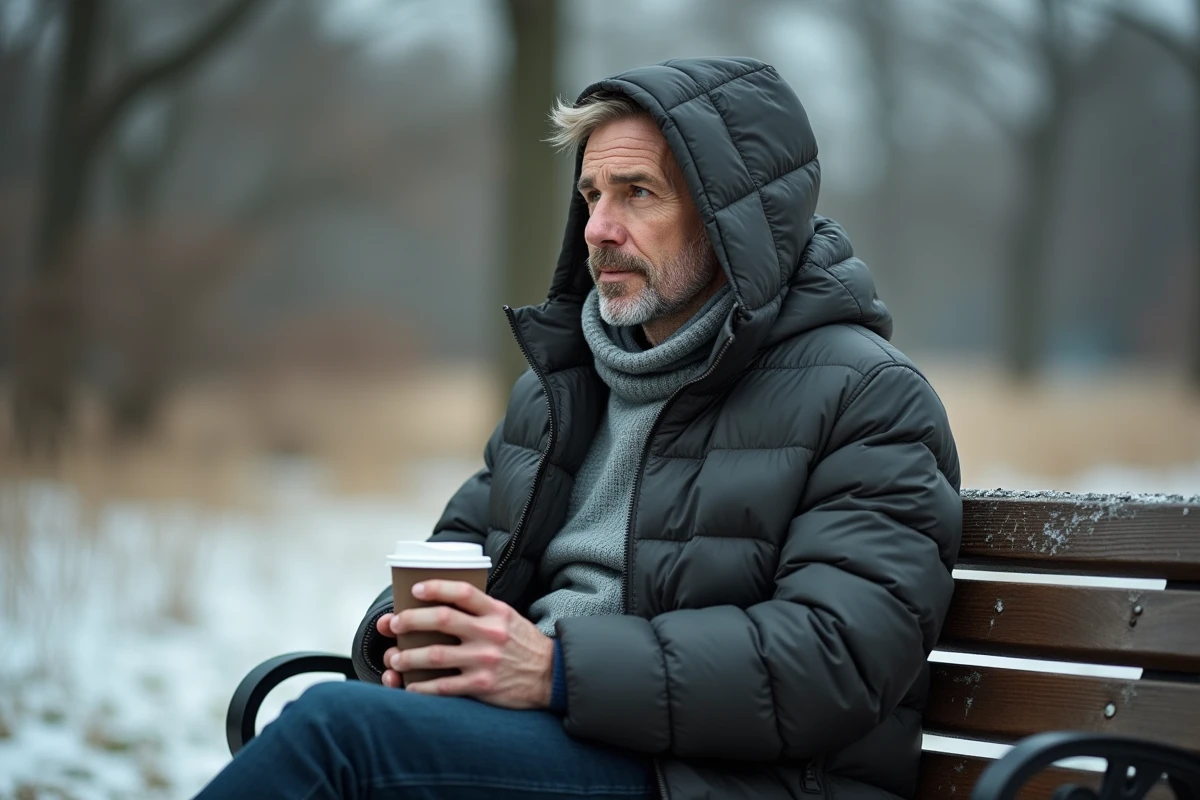 Homme portant une capuche doudoune seule sans manteau dans un parc en hiver, tenant un café