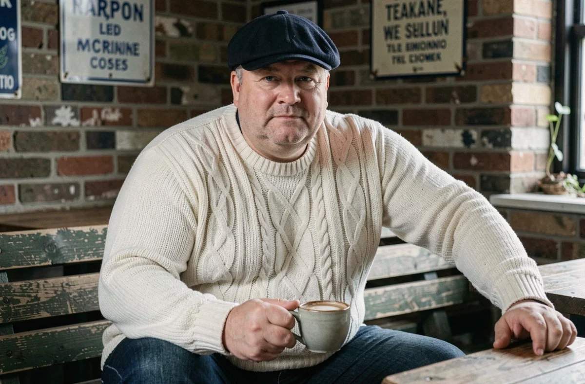 Homme à la mâchoire carrée portant une casquette plate marine dans un café rustique, exemple de chapeau adapté au visage carré pour homme