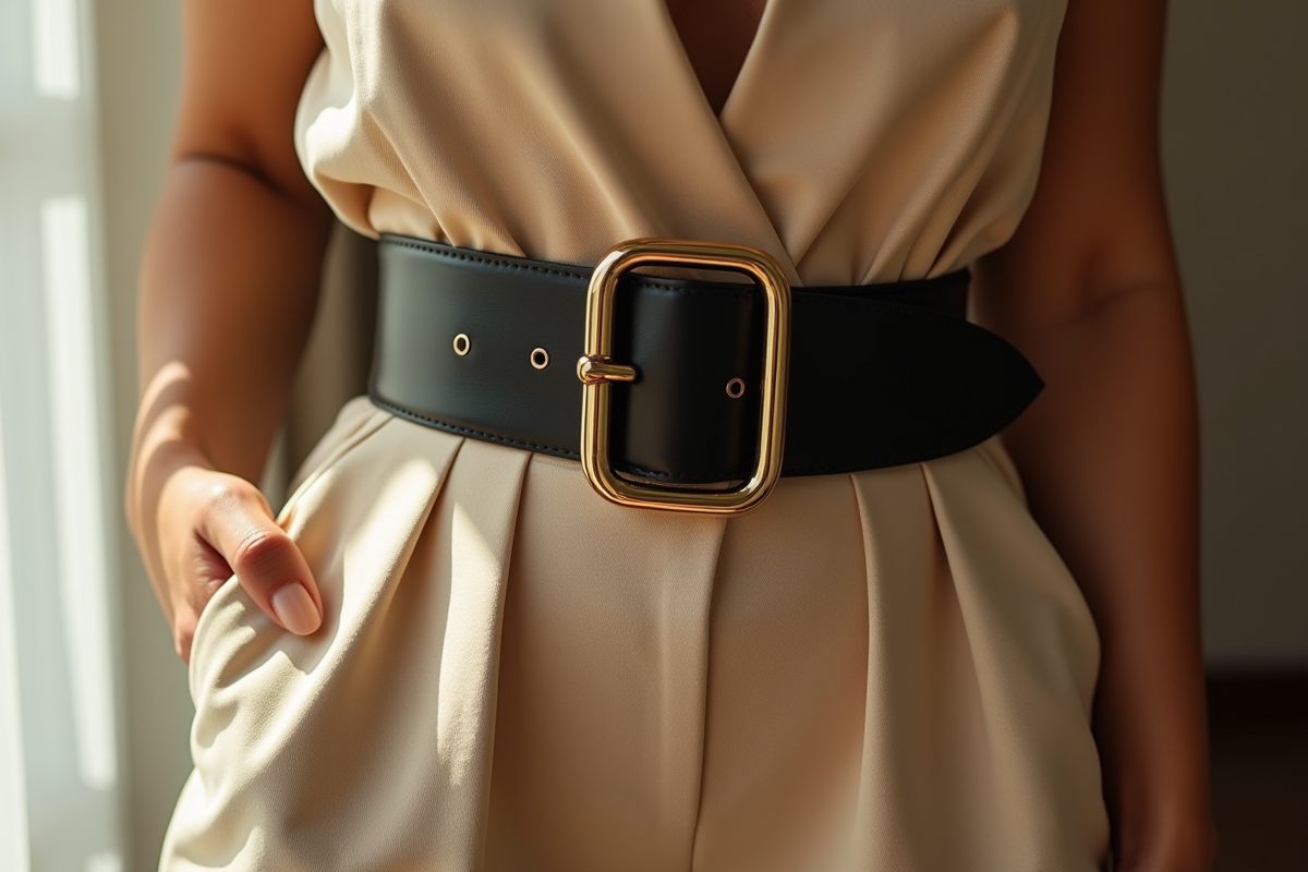 Ceinture noire avec boucle dorée sur pantalon beige