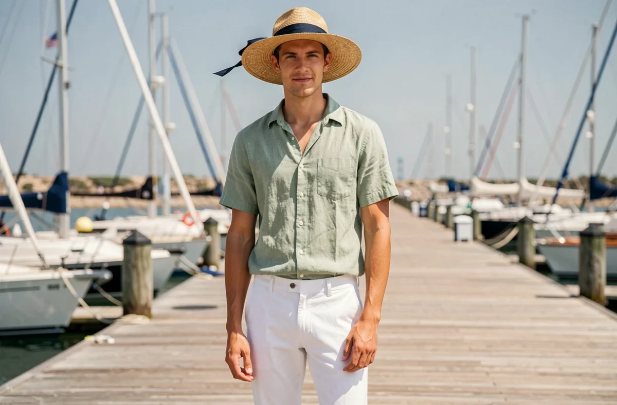 Jeune homme au visage allongé portant un chapeau canotier de paille à bord large sur une promenade de marina, conseil chapeau homme pour visage long