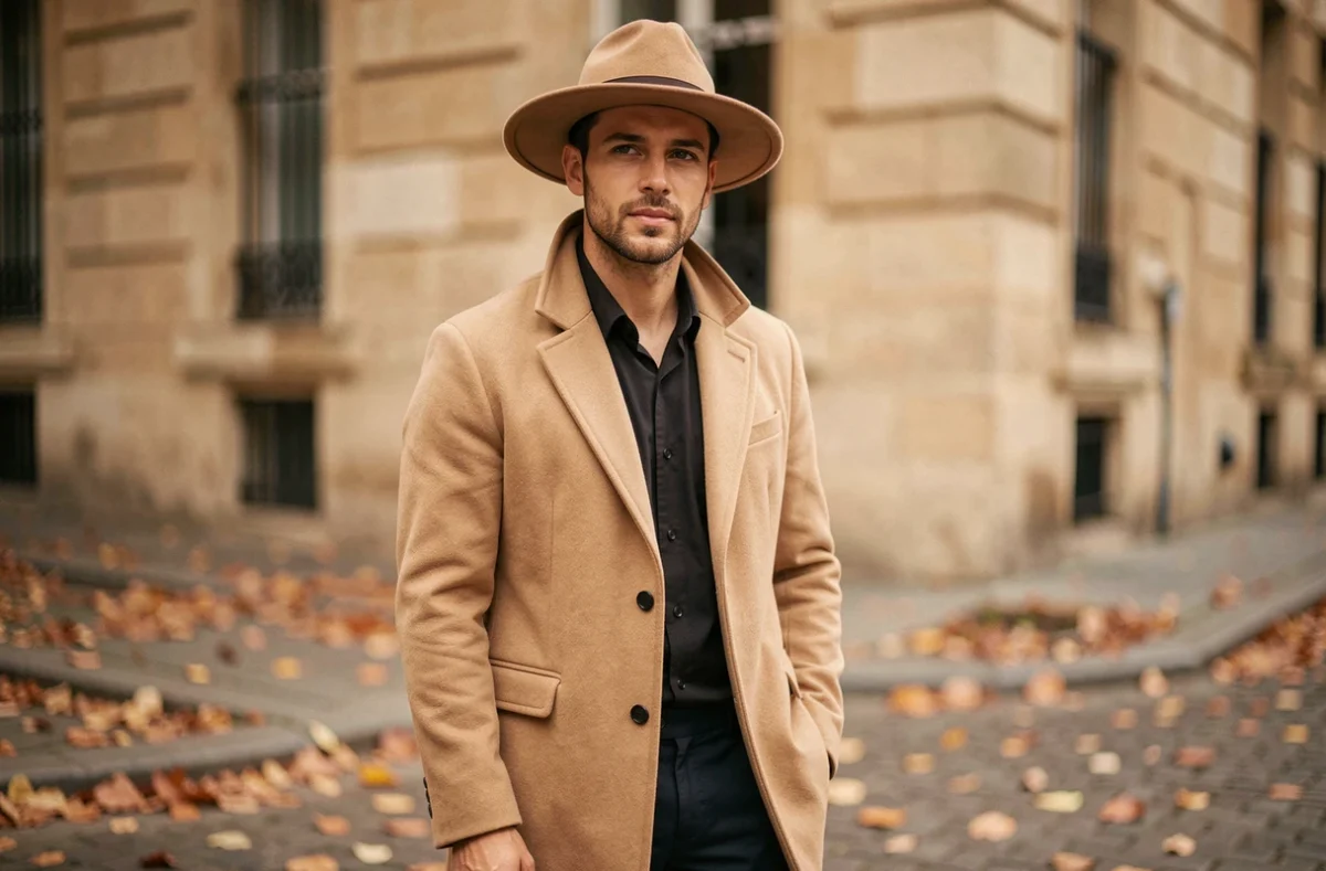 Homme aux traits ovales portant un chapeau fedora camel en feutre sur une rue pavée parisienne en automne, illustrant le style chapeau homme pour visage ovale