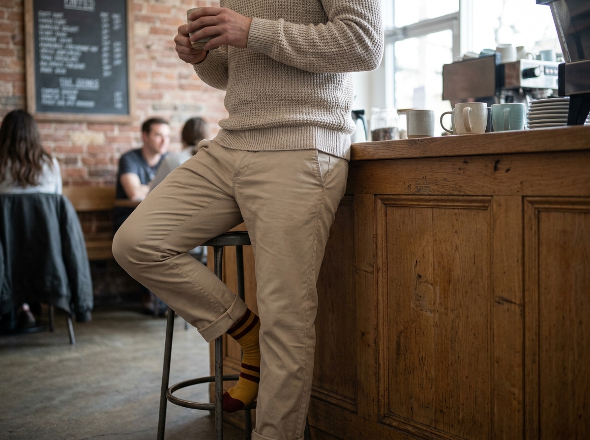 Homme en tenue casual beige avec des chaussettes rayées moutarde et bordeaux dans un café au décor en brique