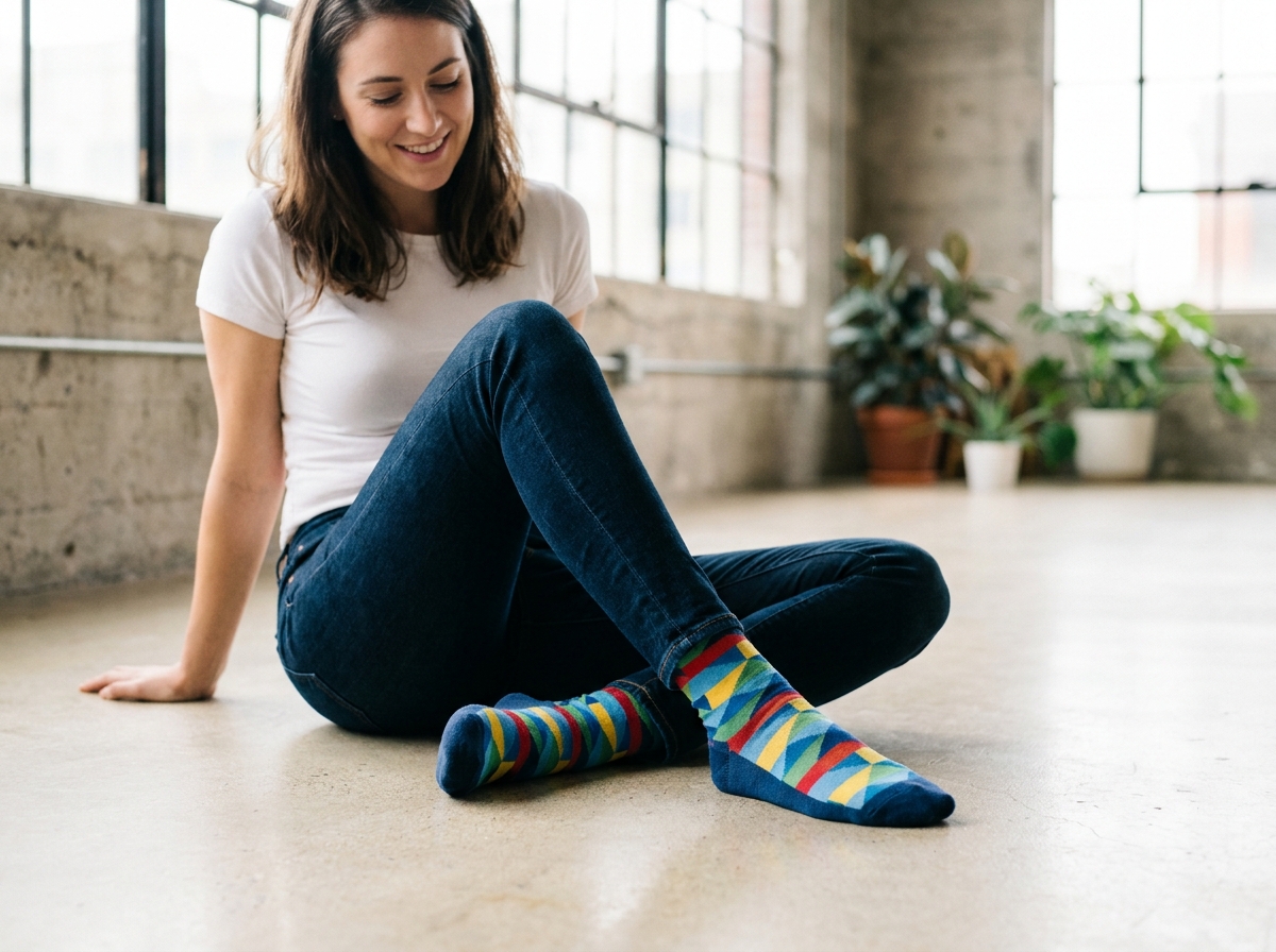 Femme assise en jeans basique portant des chaussettes fantaisie géométriques colorées dans un loft urbain minimaliste