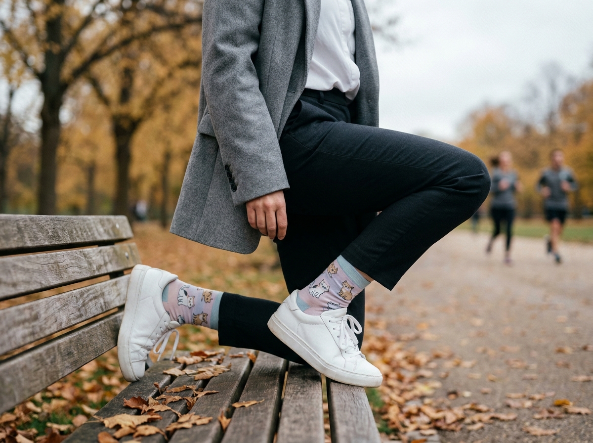 Femme en tenue chic grise avec des chaussettes fantaisie à motif chats pastel dans un parc urbain en automne