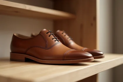 Chaussures Arche en cuir souple exposées sur une étagère en bois dans une boutique minimaliste lors d'un déstockage