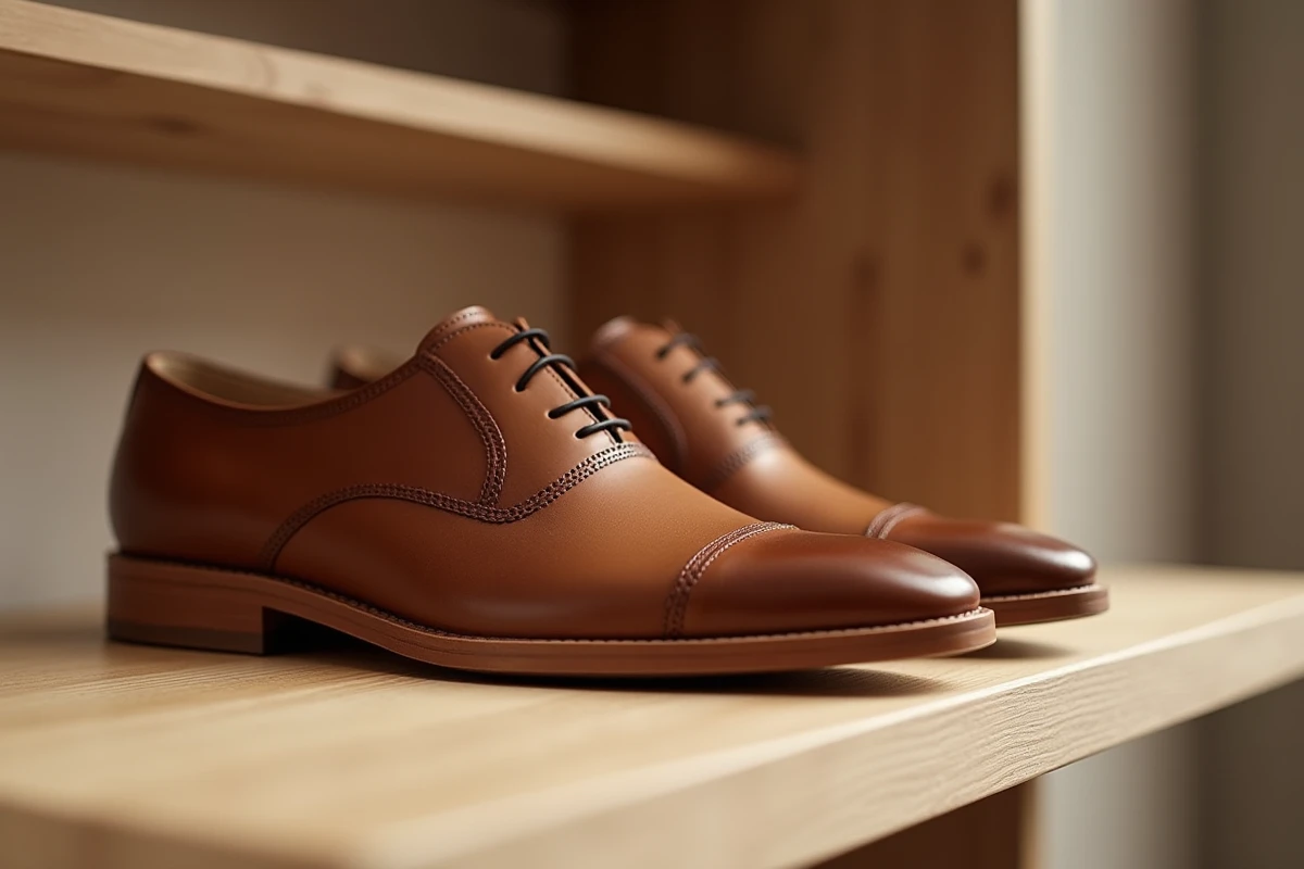 Chaussures Arche en cuir souple exposées sur une étagère en bois dans une boutique minimaliste lors d'un déstockage