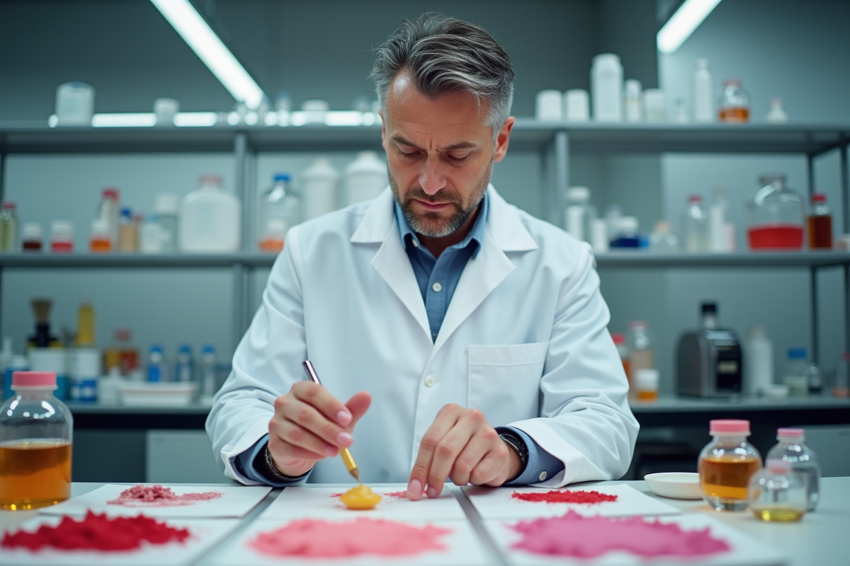 Chimiste inspectant des ingrédients pour rouge à lèvres en laboratoire