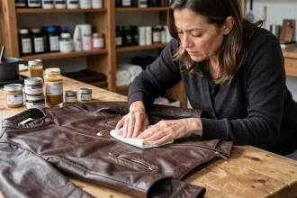 Femme appliquant de la cire sur une veste en cuir foncé avec un chiffon en coton sur un établi en bois