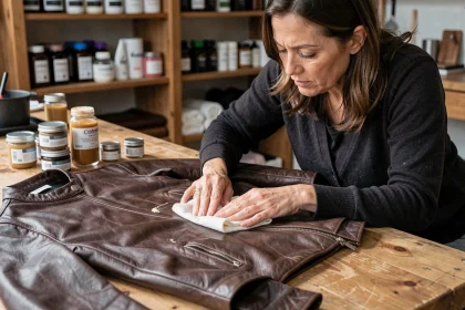 Femme appliquant de la cire sur une veste en cuir foncé avec un chiffon en coton sur un établi en bois