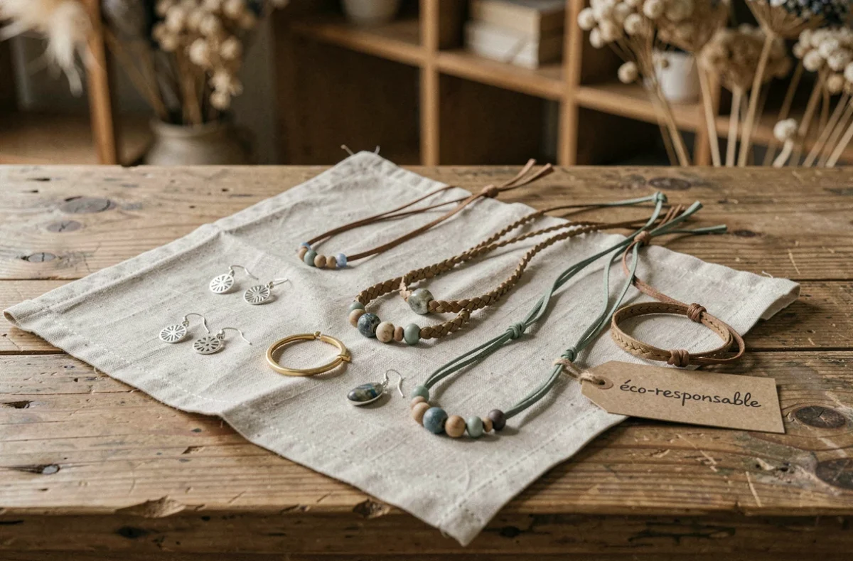 Collection de bijoux enfant éthiques et éco-responsables exposés sur lin naturel avec étiquette artisanale dans une boutique minimaliste