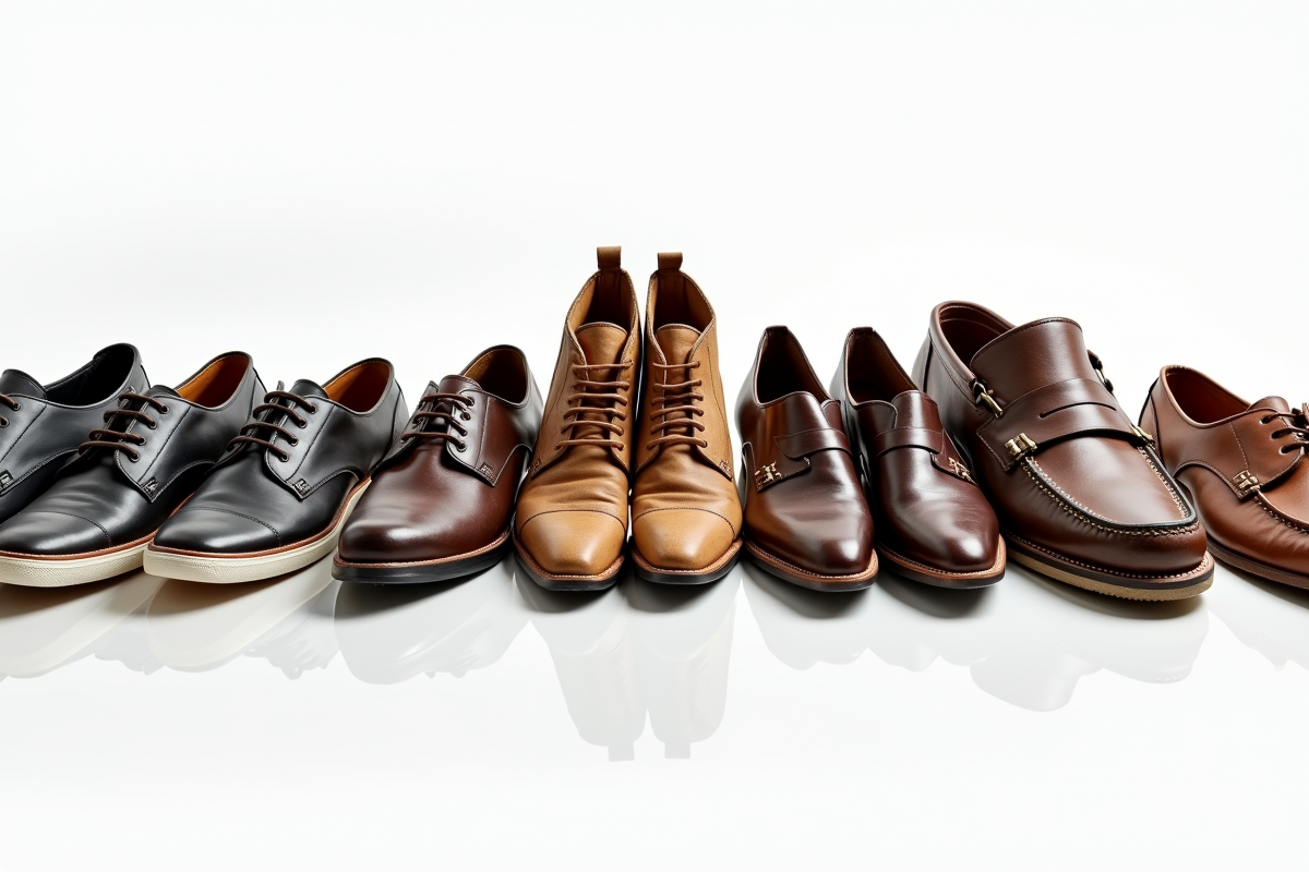 Collection de chaussures variées avec usure visible sur fond blanc