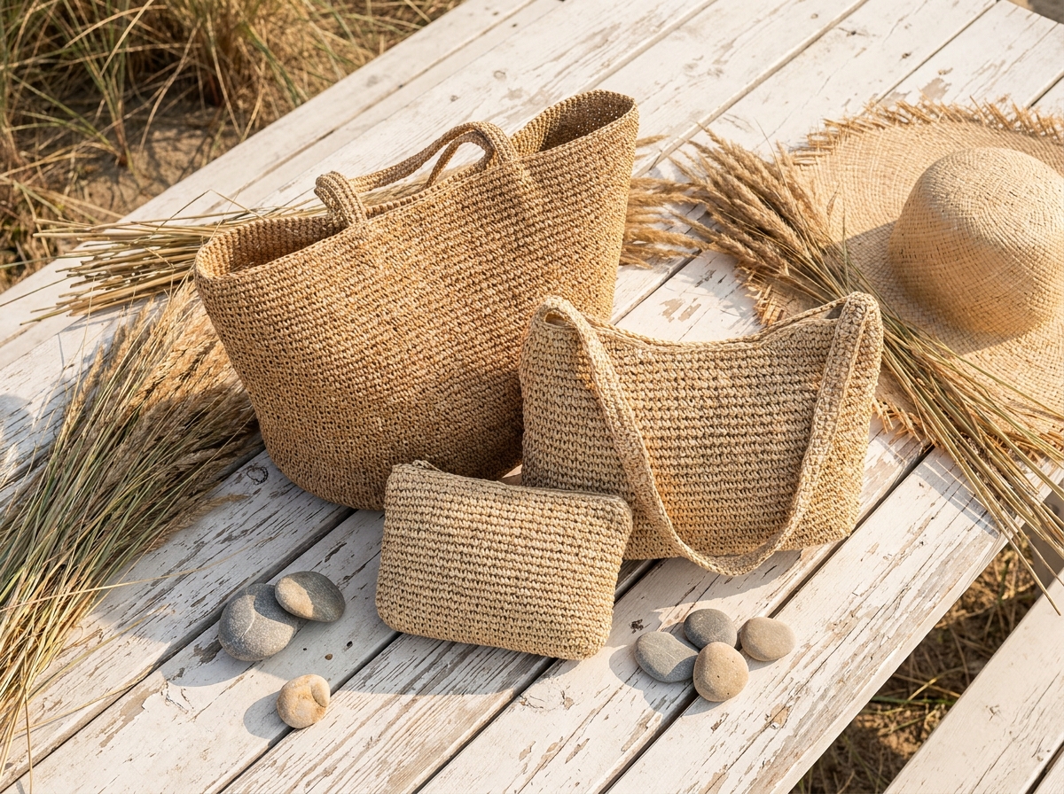 Collection de sacs en raphia de différentes tailles posés sur une surface en bois blanc vieilli en extérieur