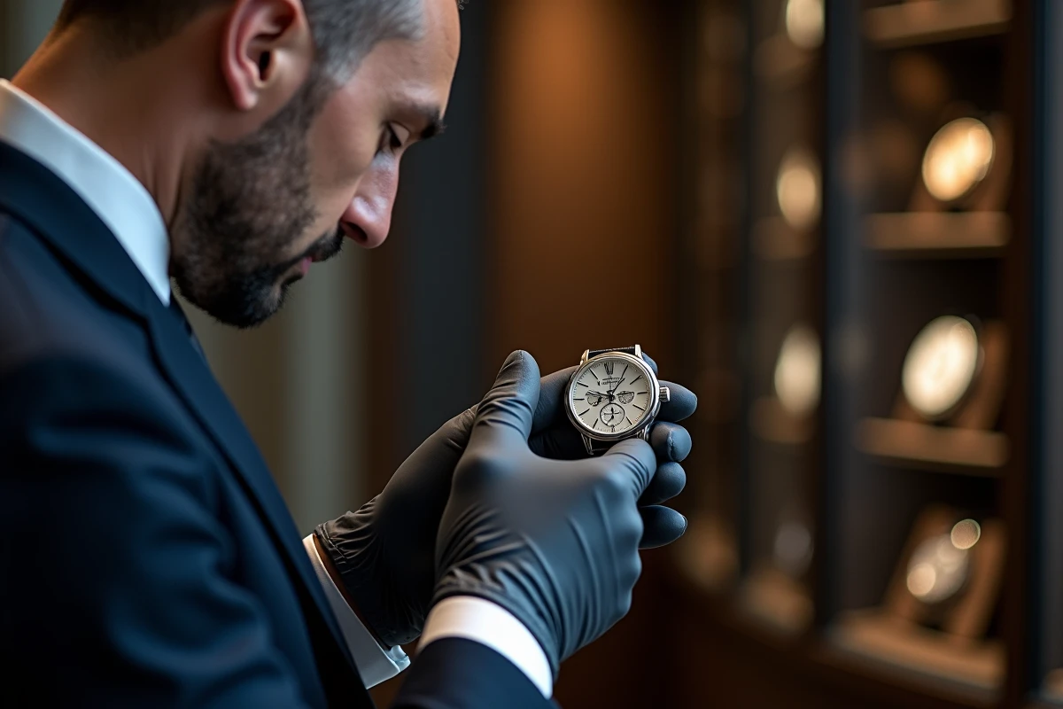 Collectionneur en costume marine examinant une montre rare en platine à cadran émail grand feu lors d'une vente aux enchères horlogère privée