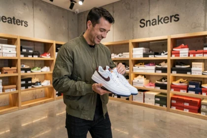 Collectionneur de sneakers examinant une paire rare dans la boutique Snatch Sneakers à Rennes, Bretagne