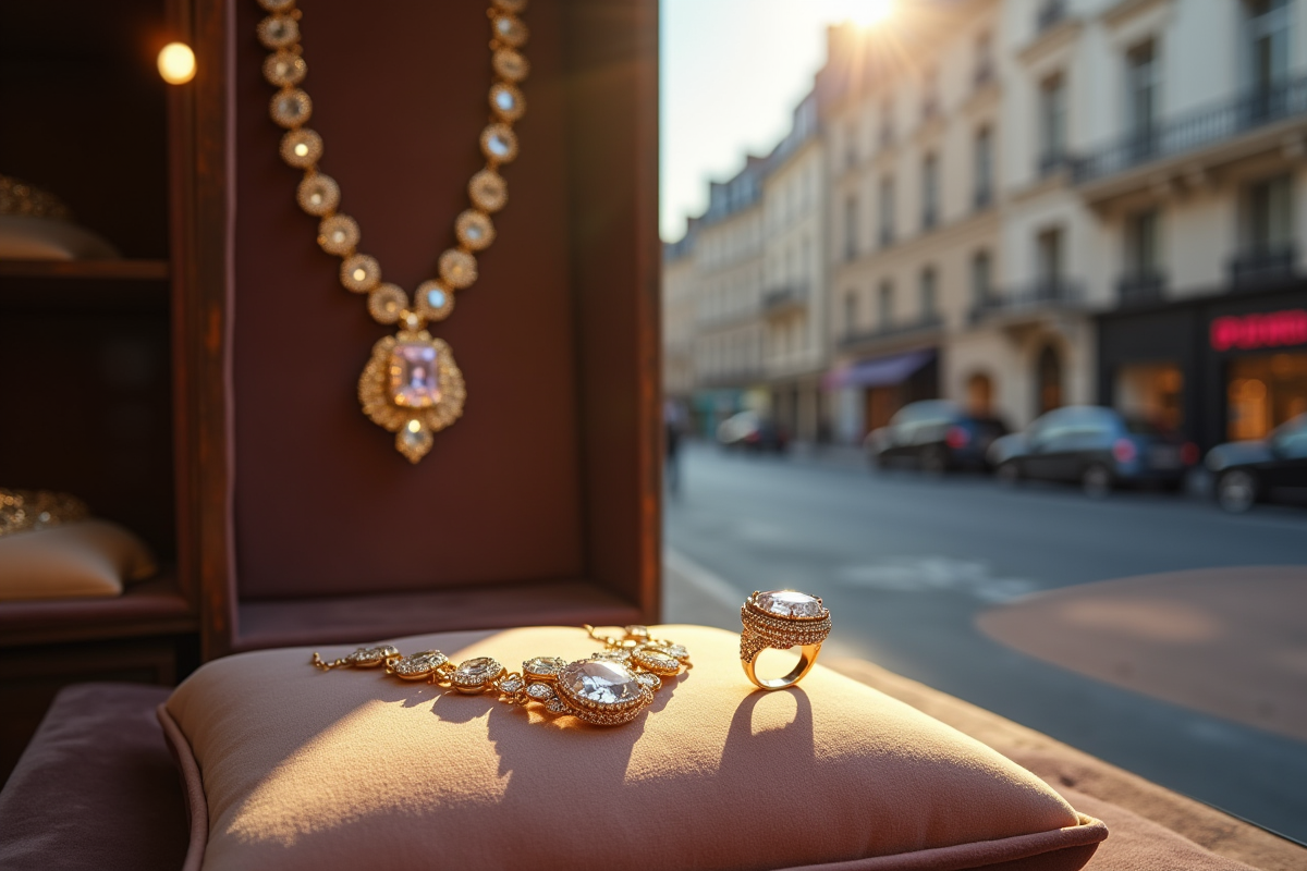 Collier et bague en diamants dans une vitrine parisienne
